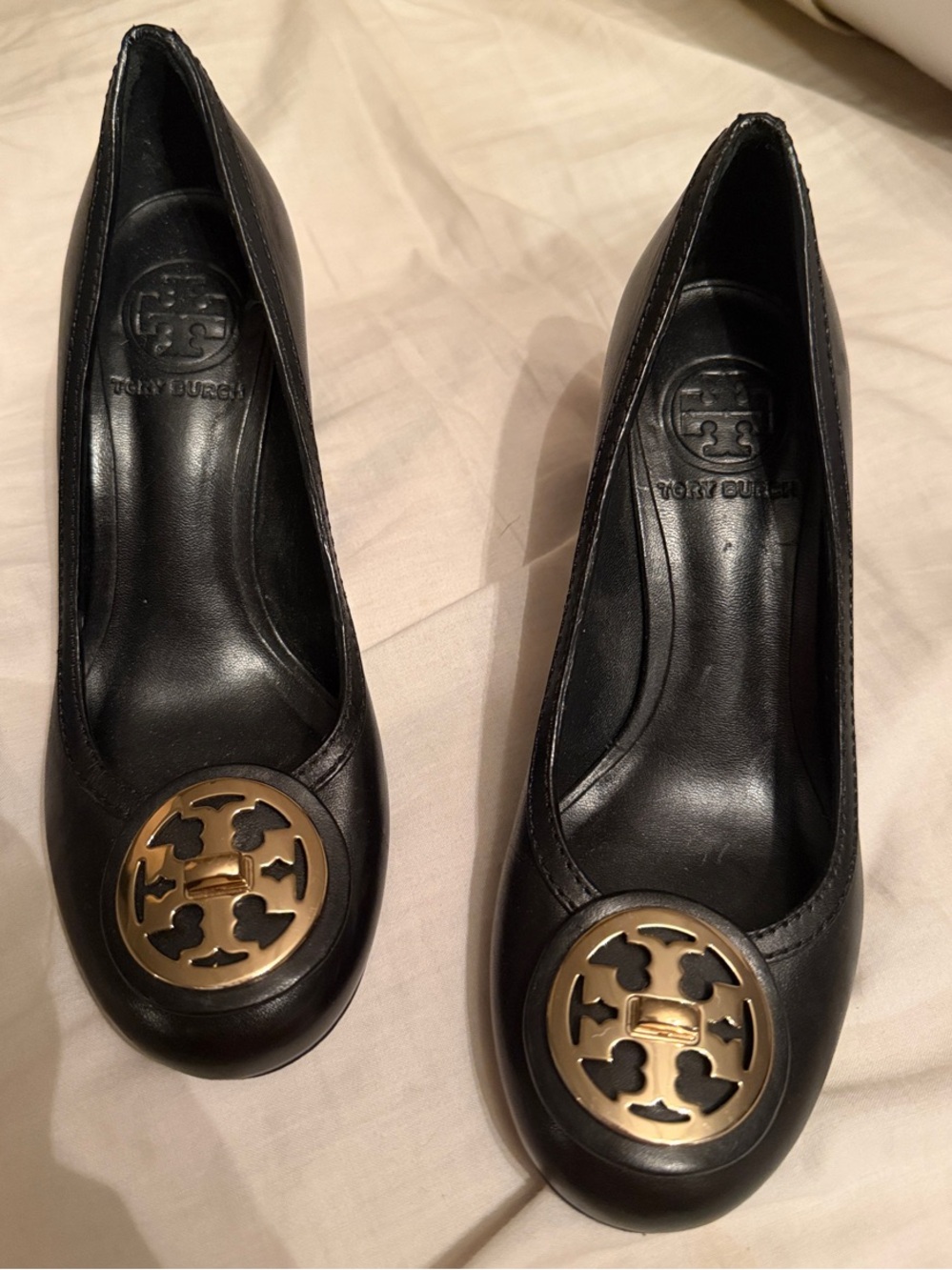 Tory Burch Black Leather chunky heels with Gold Logo Medallion